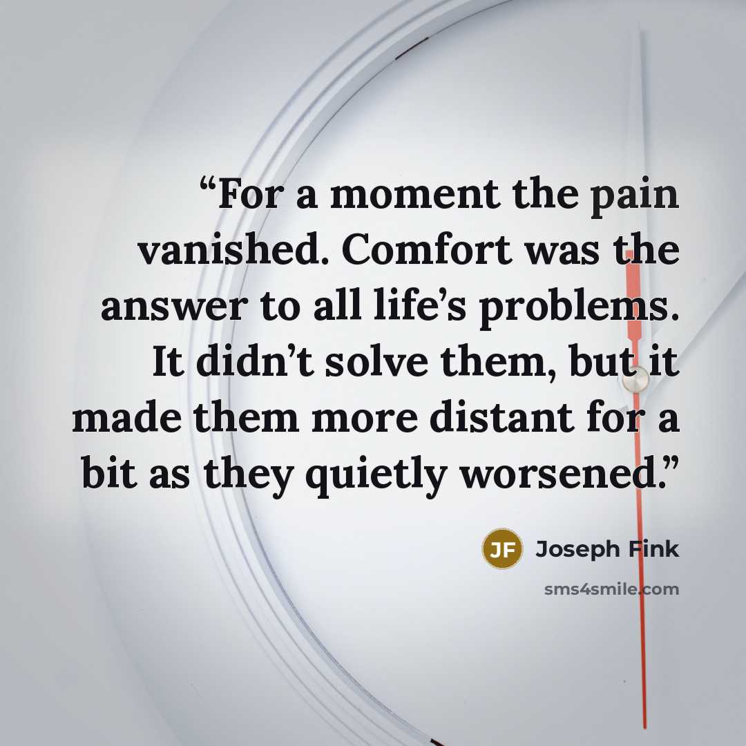 “For a moment the pain vanished. Comfort was the answer to all life’s problems. It didn’t solve them, but it made them more distant for a bit as they quietly worsened.” quote by Joseph Fink