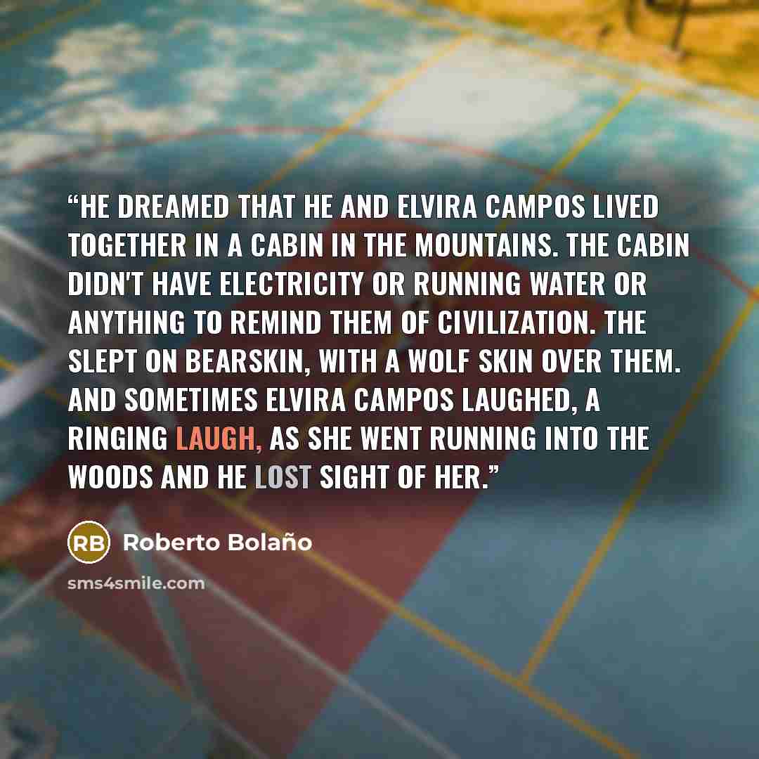 “He dreamed that he and Elvira Campos lived together in a cabin in the mountains. The cabin didn't have electricity or running water or anything to remind them of civilization. The slept on bearskin, with a wolf skin over them. And sometimes Elvira Campos laughed, a ringing laugh, as she went…” quote by Roberto Bolaño