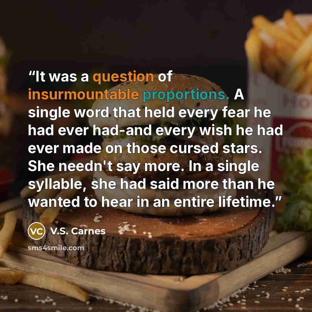 “It was a question of insurmountable proportions. A single word that held every fear he had ever had-and every wish he had ever made on those cursed stars. She needn't say more. In a single syllable, she had said more than he wanted to hear in an entire lifetime.” quote by V.S. Carnes