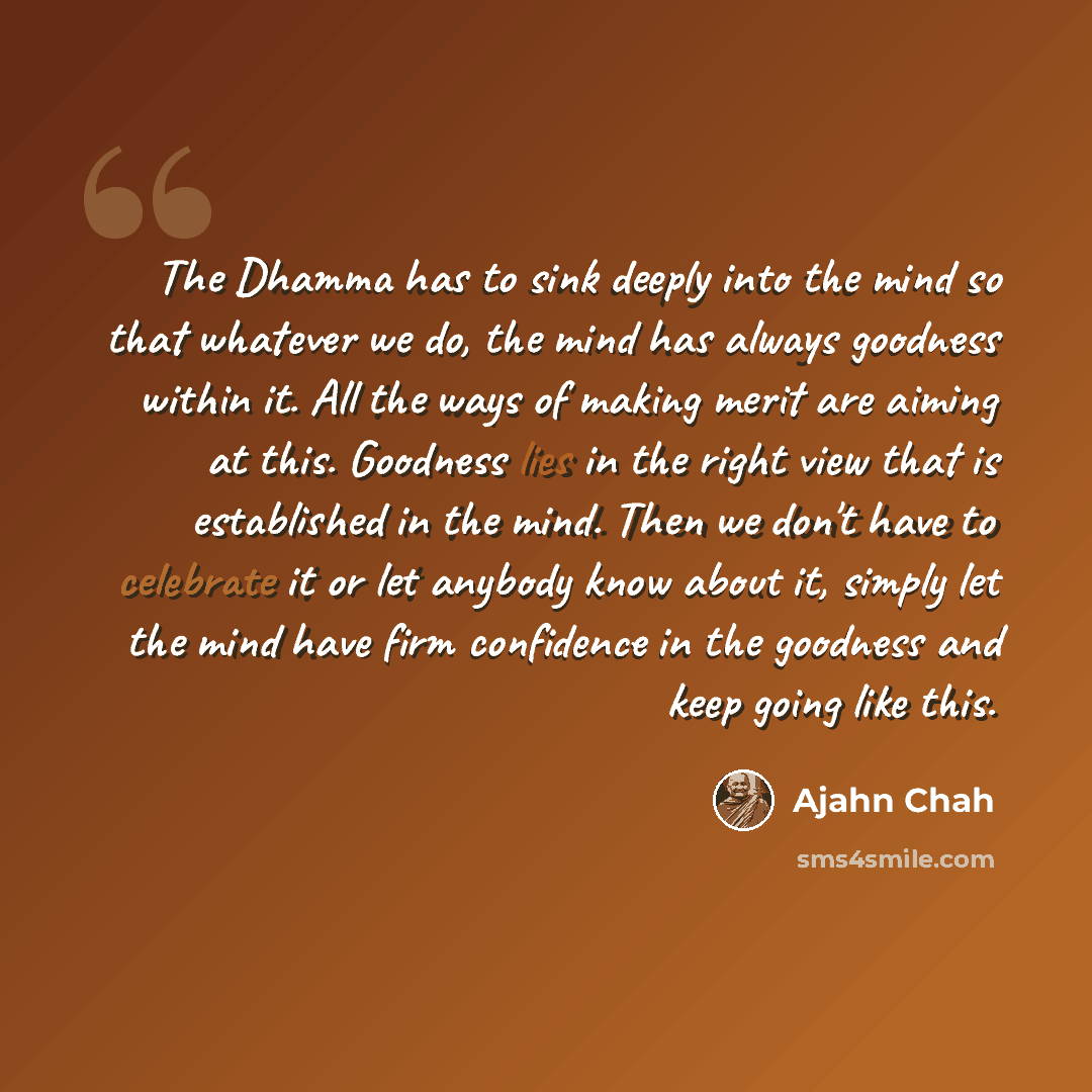 “The Dhamma has to sink deeply into the mind so that whatever we do, the mind has always goodness within it. All the ways of making merit are aiming at this. Goodness lies in the right view that is established in the mind. Then we don't have to celebrate it or let anybody know about it, simply let…” quote by Ajahn Chah