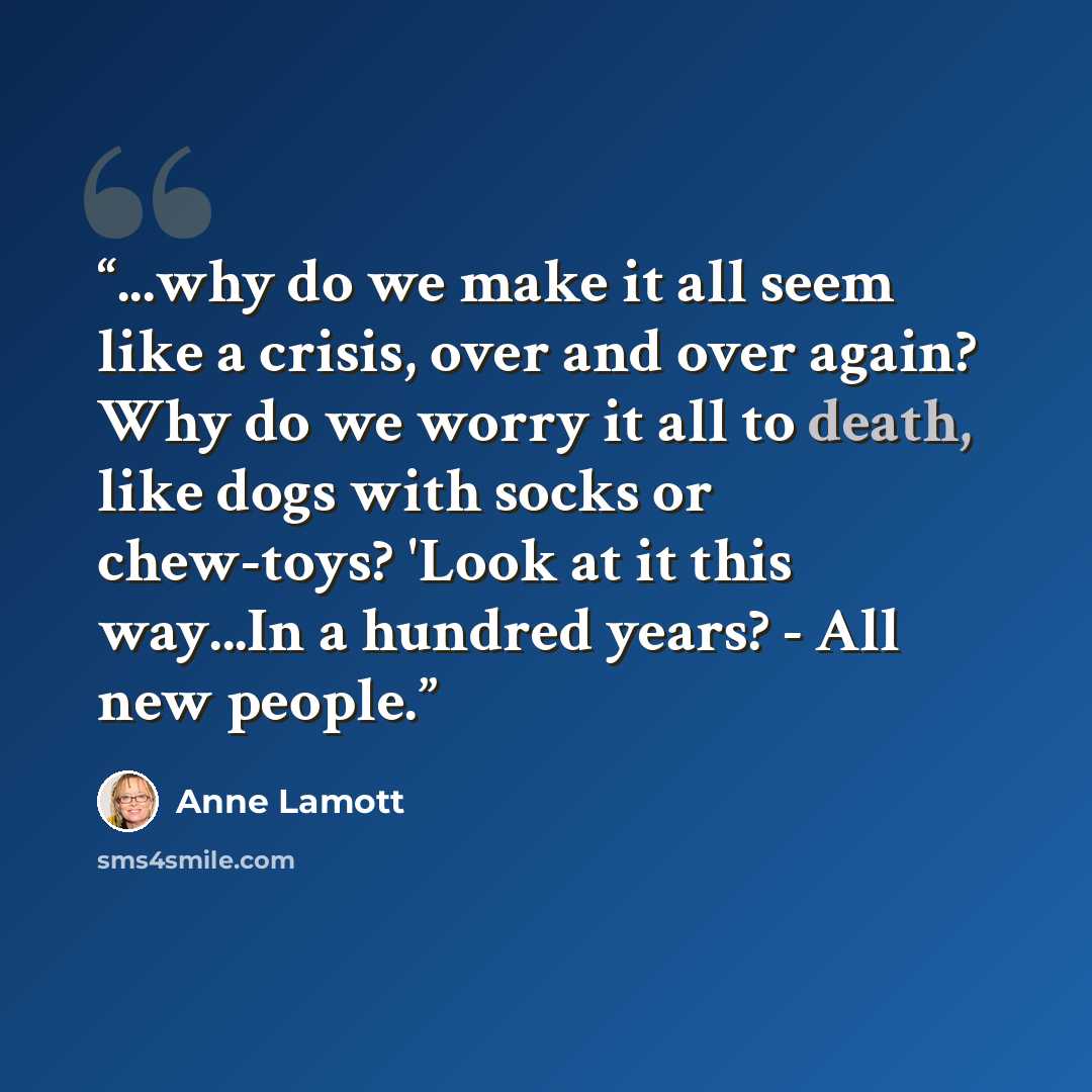 “...why do we make it all seem like a crisis, over and over again? Why do we worry it all to death, like dogs with socks or chew-toys? 'Look at it this way...In a hundred years? - All new people.” quote by Anne Lamott