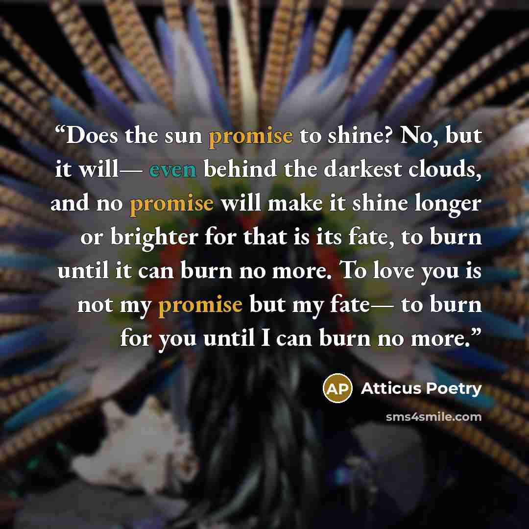 “Does the sun promise to shine? No, but it will— even behind the darkest clouds, and no promise will make it shine longer or brighter for that is its fate, to burn until it can burn no more. To love you is not my promise but my fate— to burn for you until I can burn no more.” quote by Atticus Poetry
