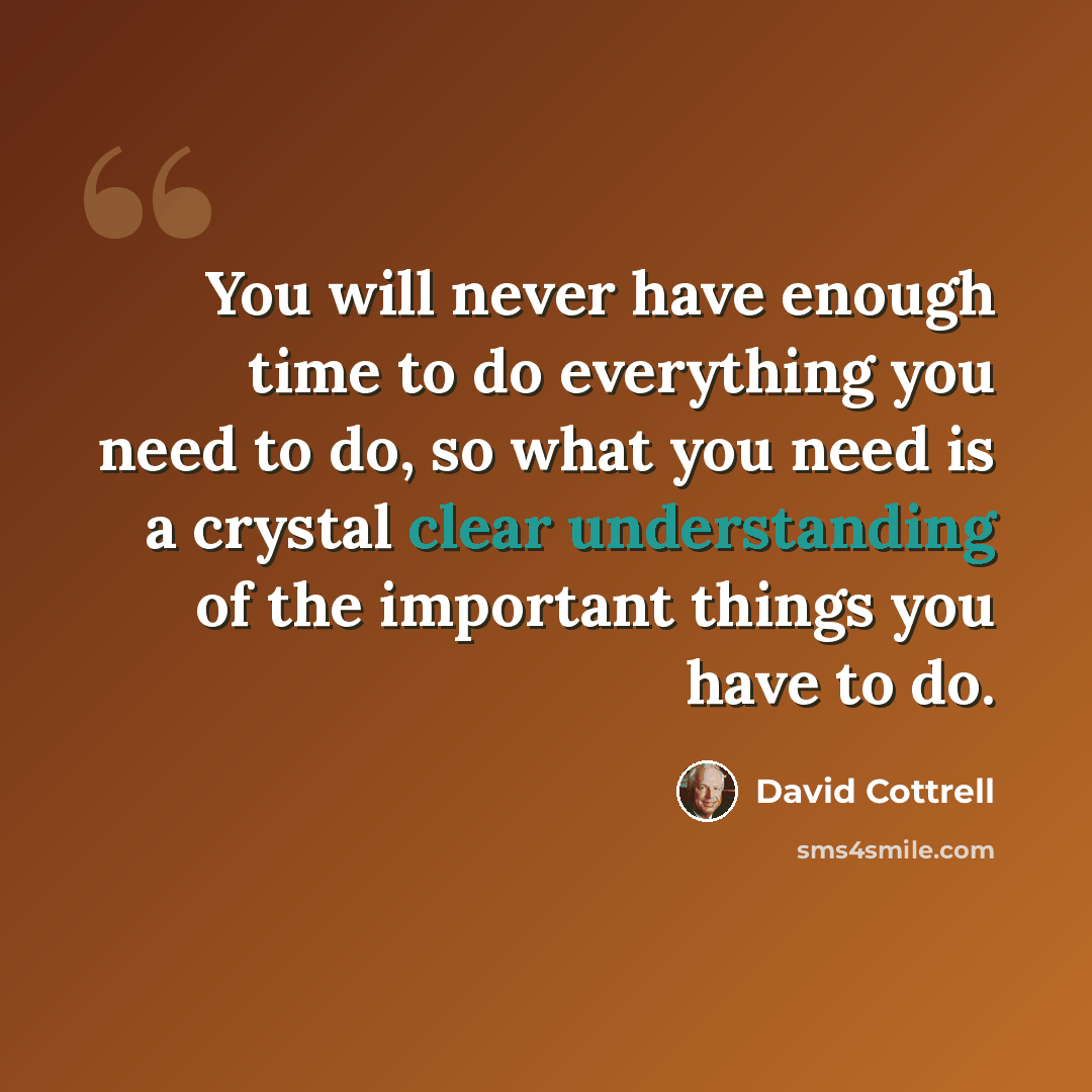“You will never have enough time to do everything you need to do, so what you need is a crystal clear understanding of the important things you have to do.” quote by David Cottrell