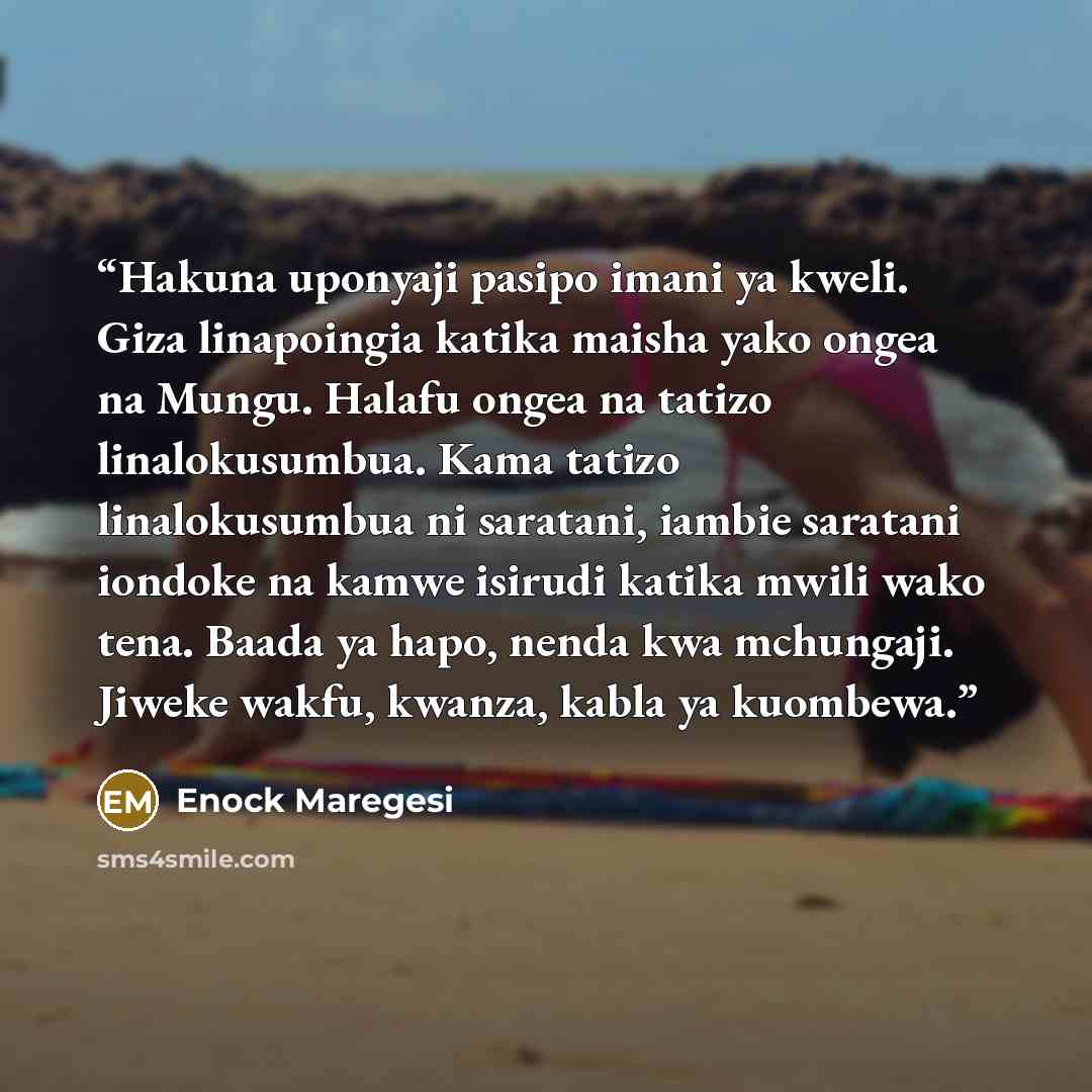 “Hakuna uponyaji pasipo imani ya kweli. Giza linapoingia katika maisha yako ongea na Mungu. Halafu ongea na tatizo linalokusumbua. Kama tatizo linalokusumbua ni saratani, iambie saratani iondoke na kamwe isirudi katika mwili wako tena. Baada ya hapo, nenda kwa mchungaji. Jiweke wakfu, kwanza, kabla…” quote by Enock Maregesi
