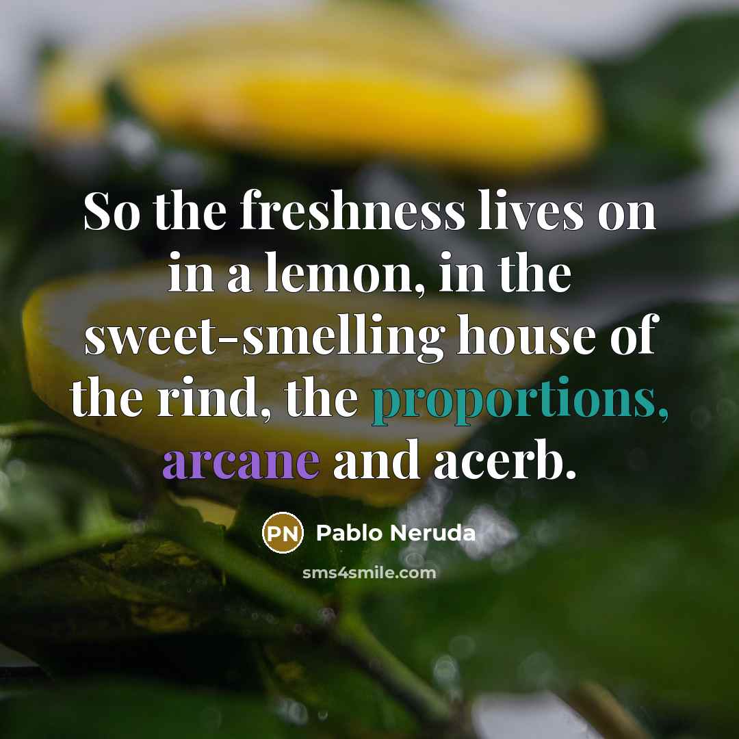 “So the freshness lives on in a lemon, in the sweet-smelling house of the rind, the proportions, arcane and acerb.” quote by Pablo Neruda