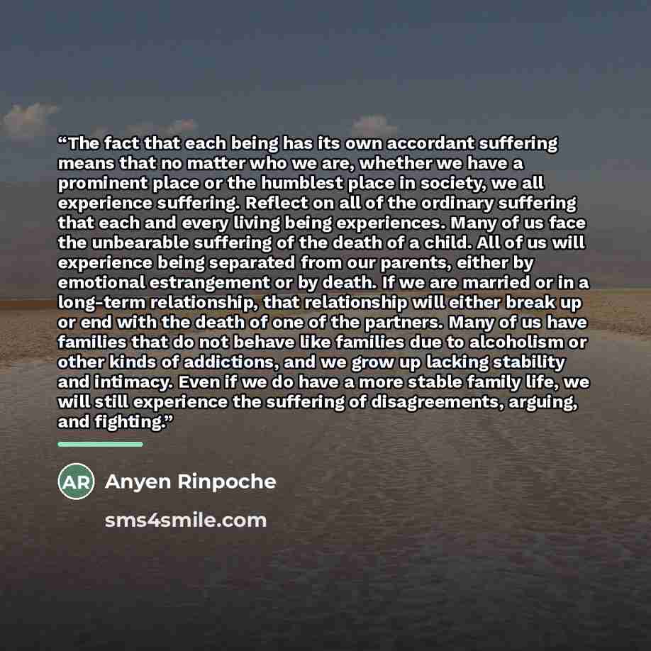 “The fact that each being has its own accordant suffering means that no matter who we are, whether we have a prominent place or the humblest place in society, we all experience suffering. Reflect on all of the ordinary suffering that each and every living being experiences. Many of us face the…” quote by Anyen Rinpoche