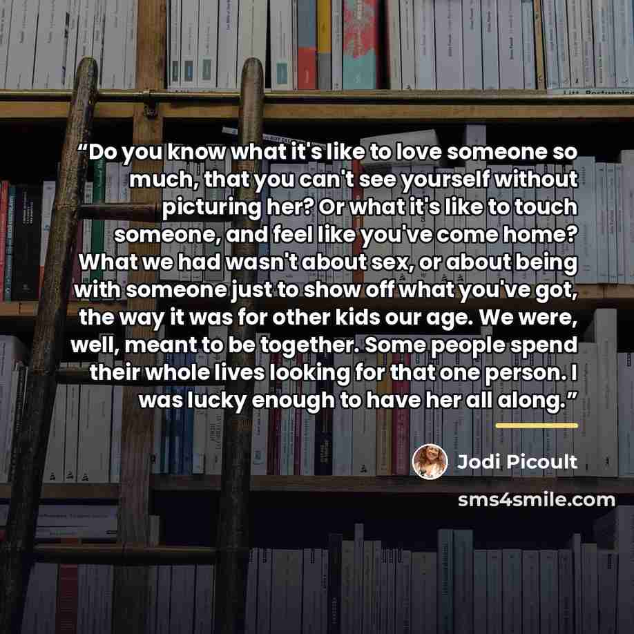 “Do you know what it's like to love someone so much, that you can't see yourself without picturing her? Or what it's like to touch someone, and feel like you've come home? What we had wasn't about sex, or about being with someone just to show off what you've got, the way it was for other kids our…” quote by Jodi Picoult