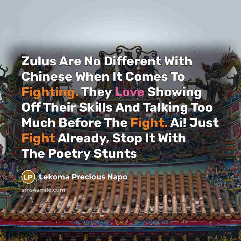 “Zulus Are No Different With Chinese When It Comes To Fighting. They Love Showing Off Their Skills And Talking Too Much Before The Fight. Ai! Just Fight Already, Stop It With The Poetry Stunts” quote by Lekoma Precious Napo