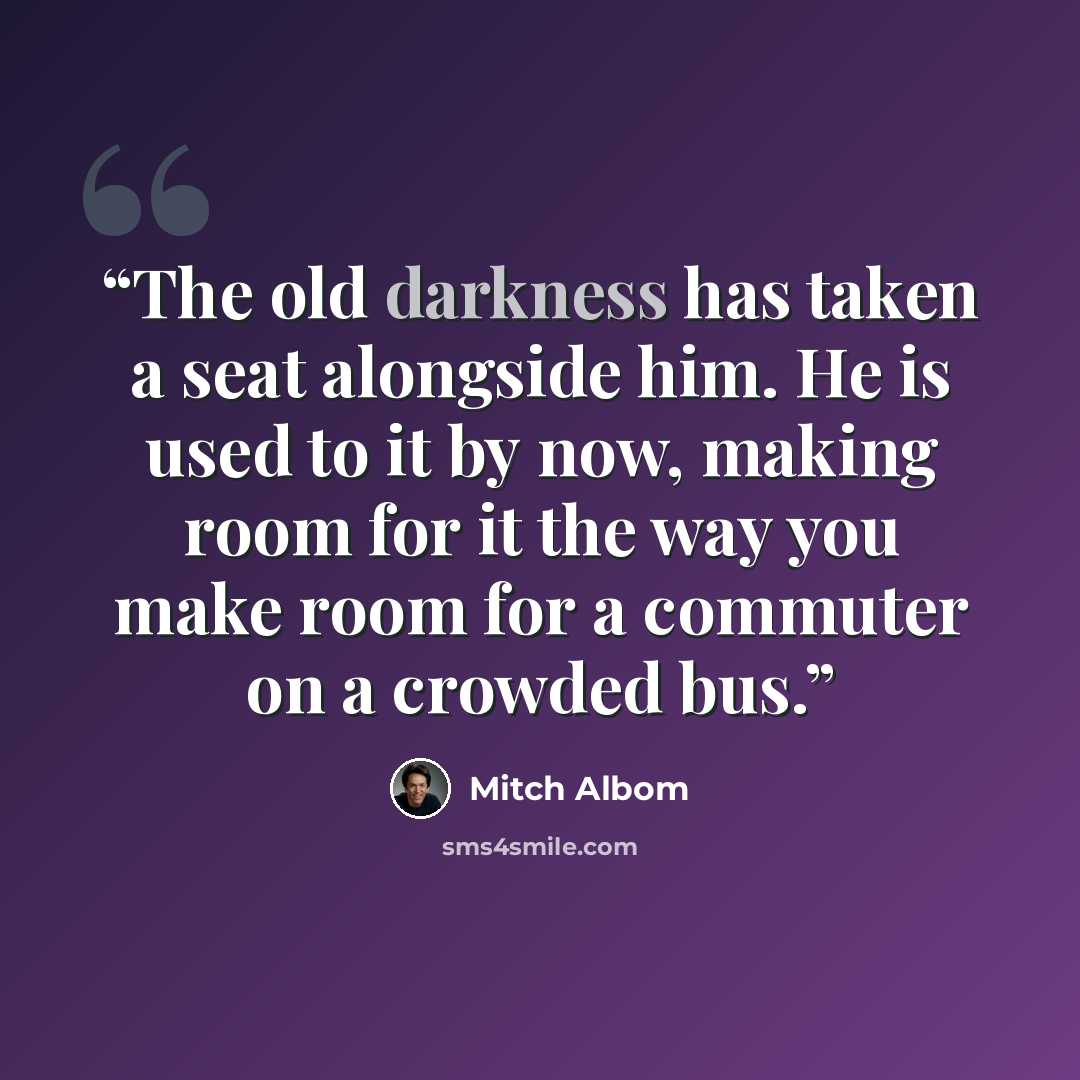 “The old darkness has taken a seat alongside him. He is used to it by now, making room for it the way you make room for a commuter on a crowded bus.” quote by Mitch Albom