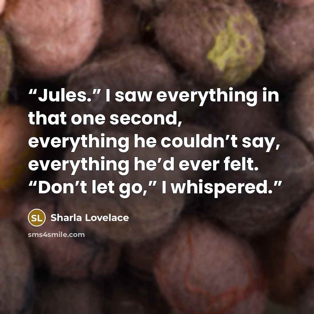 “Jules.” I saw everything in that one second, everything he couldn’t say, everything he’d ever felt. “Don’t let go,” I whispered.” quote by Sharla Lovelace