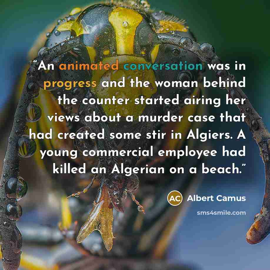 “An animated conversation was in progress and the woman behind the counter started airing her views about a murder case that had created some stir in Algiers. A young commercial employee had killed an Algerian on a beach.” quote by Albert Camus