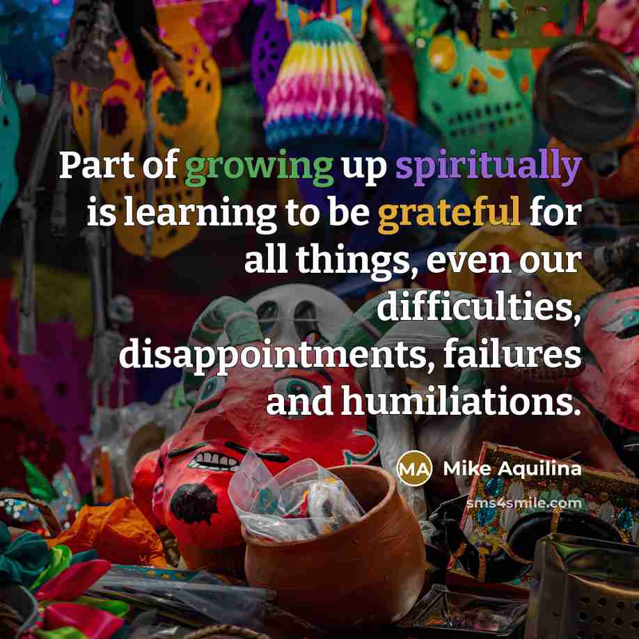 “Part of growing up spiritually is learning to be grateful for all things, even our difficulties, disappointments, failures and humiliations.” quote by Mike Aquilina