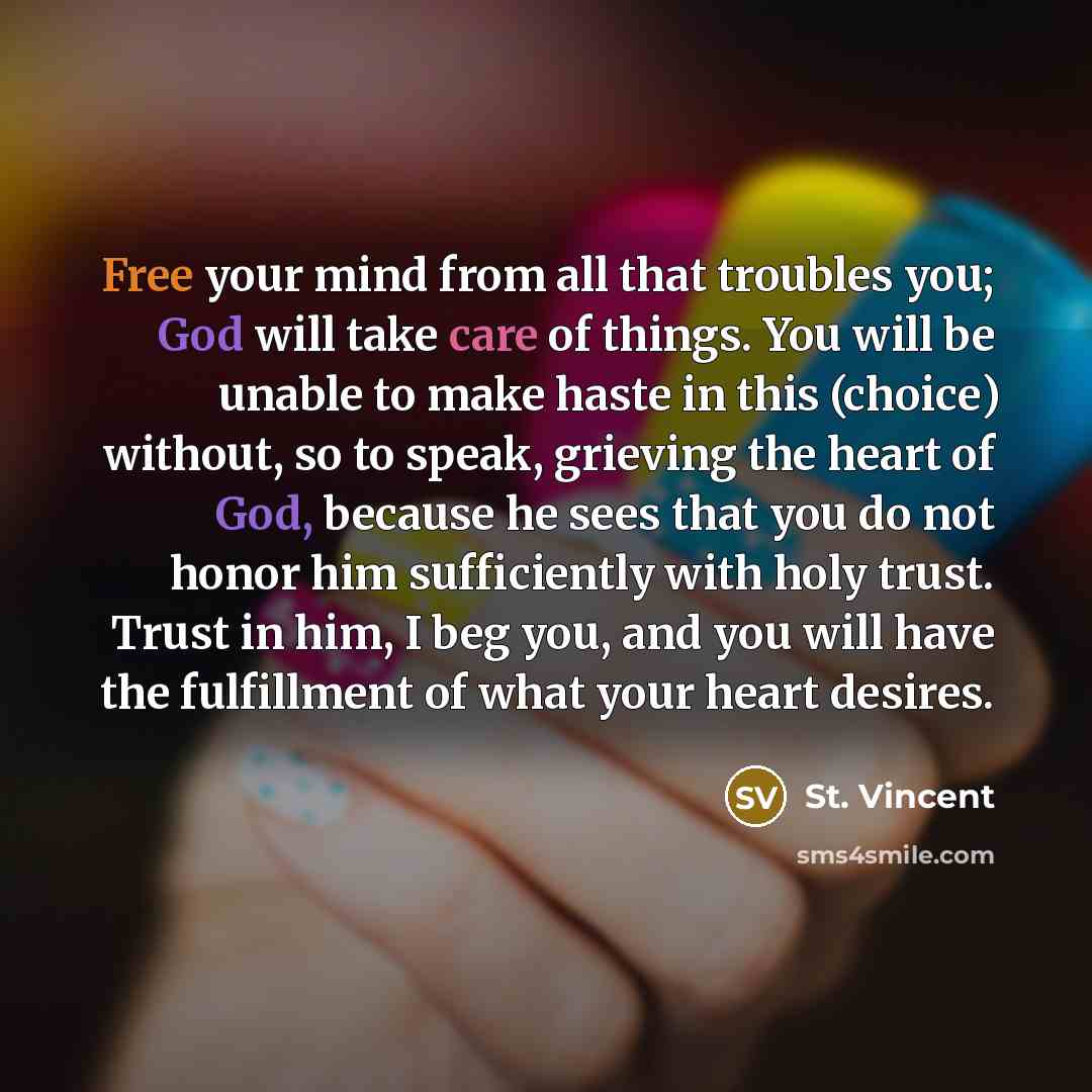 “Free your mind from all that troubles you; God will take care of things. You will be unable to make haste in this (choice) without, so to speak, grieving the heart of God, because he sees that you do not honor him sufficiently with holy trust. Trust in him, I beg you, and you will have the…” quote by St. Vincent