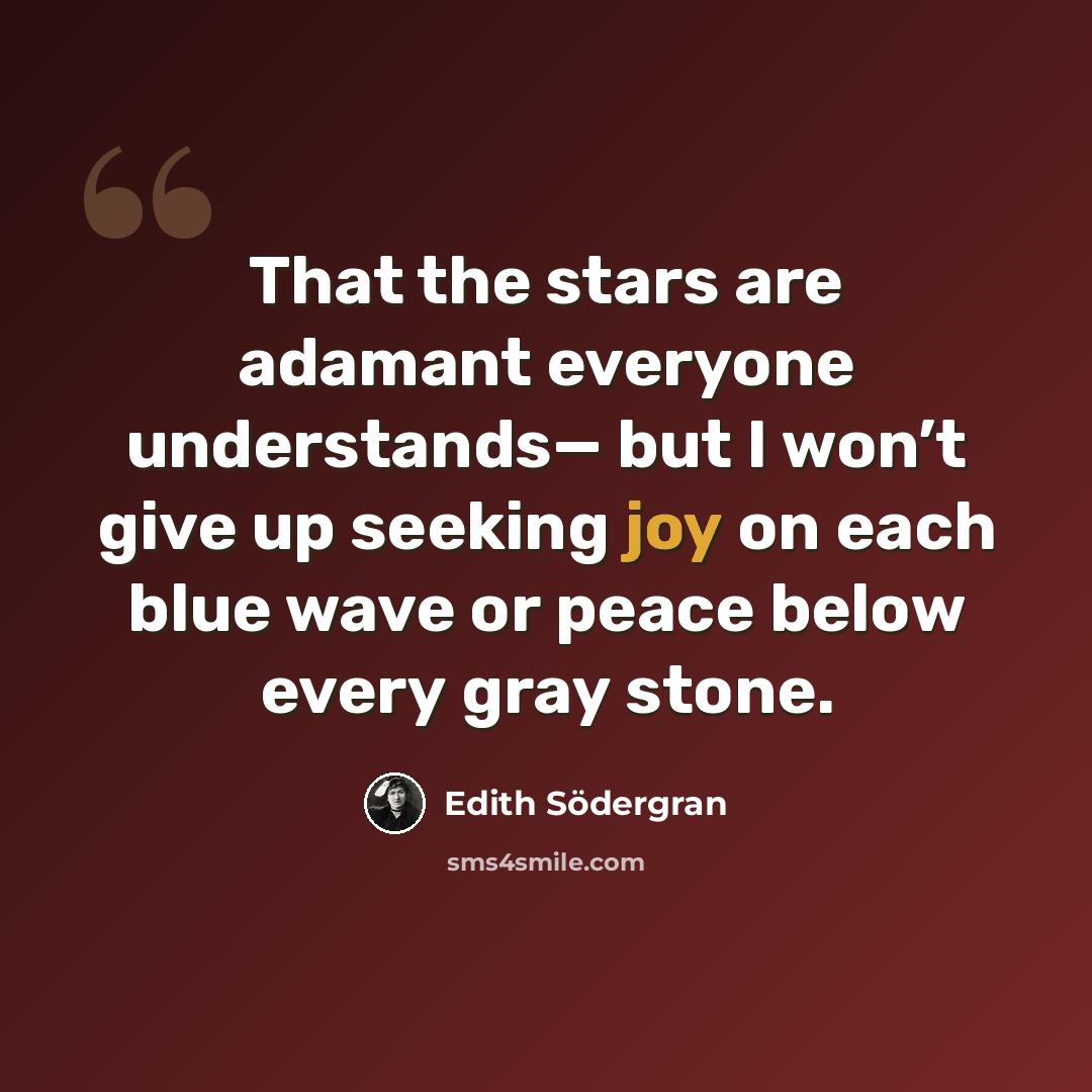 “That the stars are adamant everyone understands— but I won’t give up seeking joy on each blue wave or peace below every gray stone.” quote by Edith Södergran