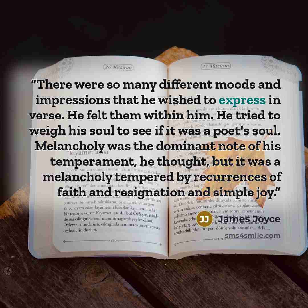 “There were so many different moods and impressions that he wished to express in verse. He felt them within him. He tried to weigh his soul to see if it was a poet's soul. Melancholy was the dominant note of his temperament, he thought, but it was a melancholy tempered by recurrences of faith and…” quote by James Joyce