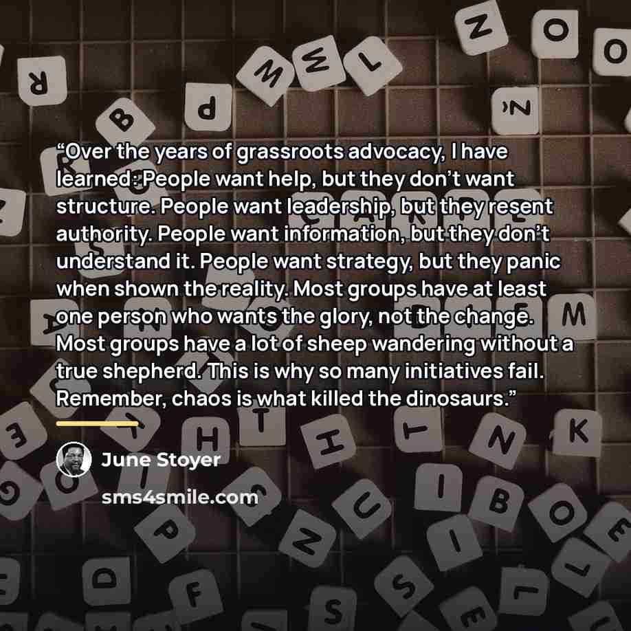 “Over the years of grassroots advocacy, I have learned: People want help, but they don’t want structure. People want leadership, but they resent authority. People want information, but they don’t understand it. People want strategy, but they panic when shown the reality. Most groups have at least…” quote by June Stoyer