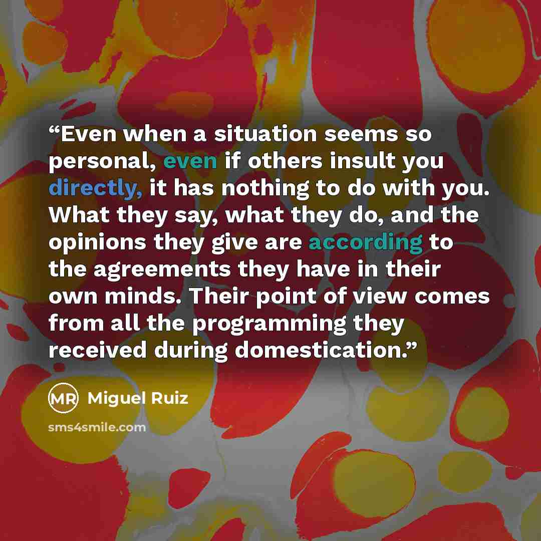 “Even when a situation seems so personal, even if others insult you directly, it has nothing to do with you. What they say, what they do, and the opinions they give are according to the agreements they have in their own minds. Their point of view comes from all the programming they received during…” quote by Miguel Ruiz