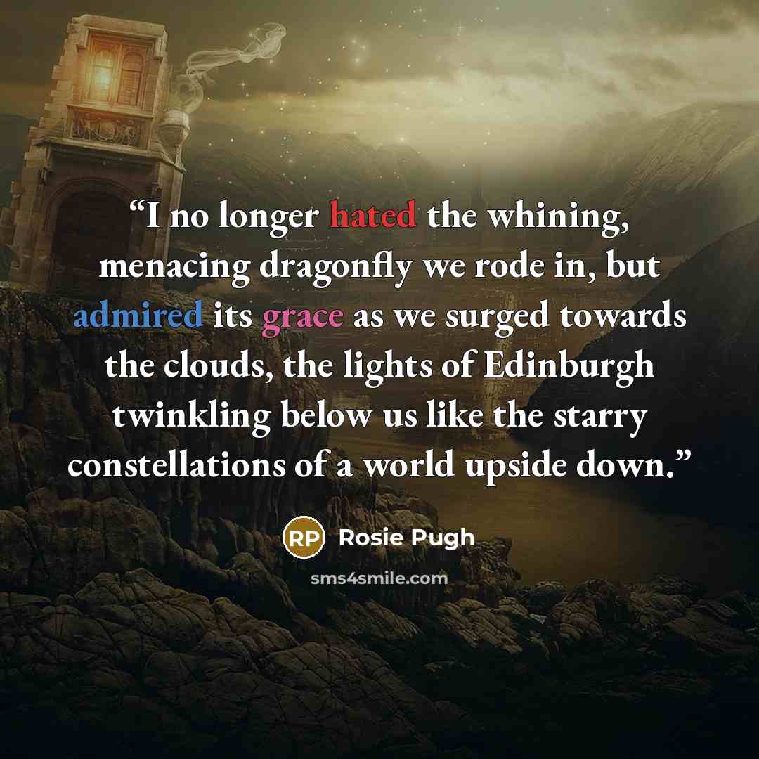 “I no longer hated the whining, menacing dragonfly we rode in, but admired its grace as we surged towards the clouds, the lights of Edinburgh twinkling below us like the starry constellations of a world upside down.” quote by Rosie Pugh