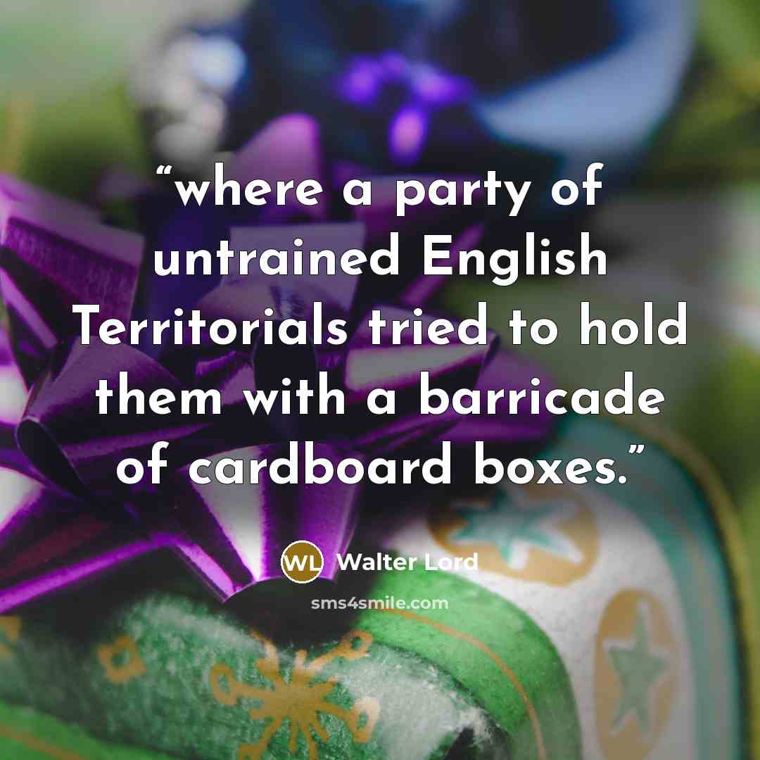 “where a party of untrained English Territorials tried to hold them with a barricade of cardboard boxes.” quote by Walter Lord