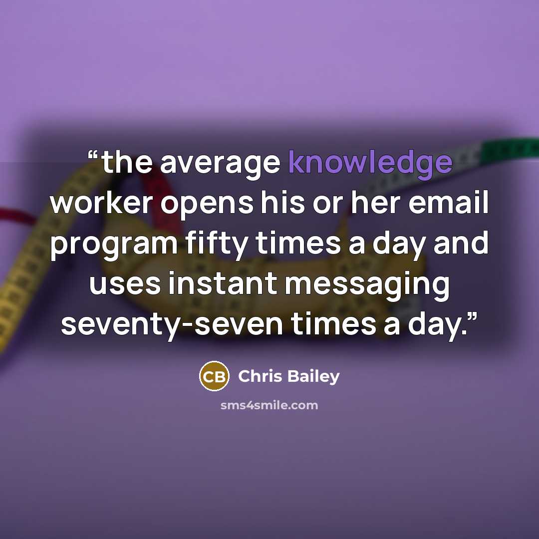 “the average knowledge worker opens his or her email program fifty times a day and uses instant messaging seventy-seven times a day.” quote by Chris Bailey