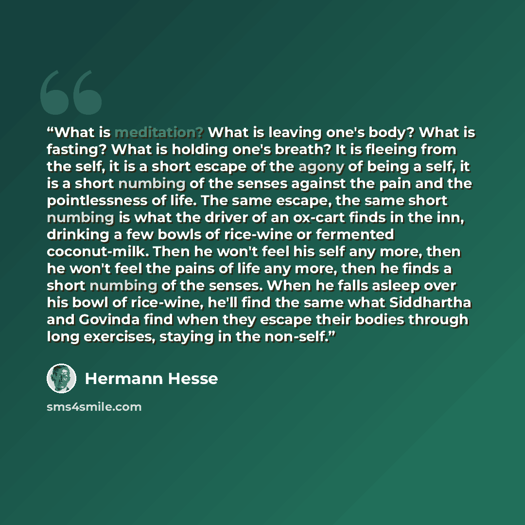 “What is meditation? What is leaving one's body? What is fasting? What is holding one's breath? It is fleeing from the self, it is a short escape of the agony of being a self, it is a short numbing of the senses against the pain and the pointlessness of life. The same escape, the same short numbing…” quote by Hermann Hesse