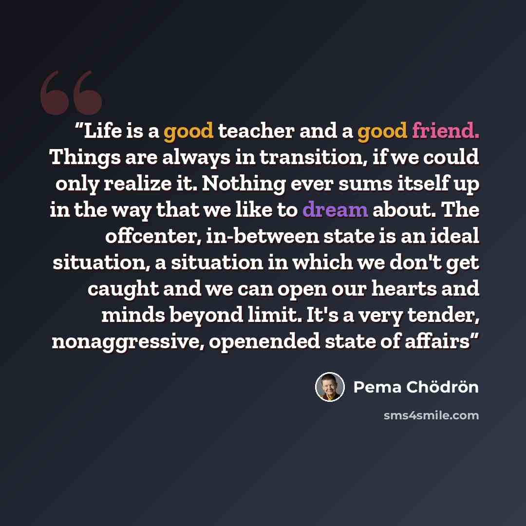 “Life is a good teacher and a good friend. Things are always in transition, if we could only realize it. Nothing ever sums itself up in the way that we like to dream about. The offcenter, in-between state is an ideal situation, a situation in which we don't get caught and we can open our hearts and…” quote by Pema Chödrön