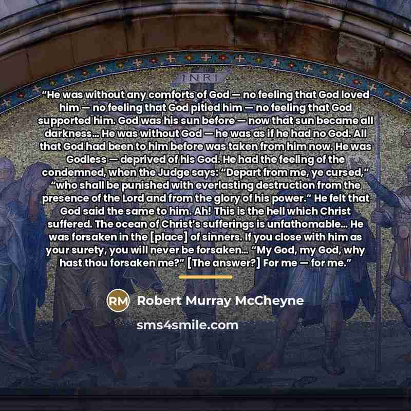“He was without any comforts of God — no feeling that God loved him — no feeling that God pitied him — no feeling that God supported him. God was his sun before — now that sun became all darkness… He was without God — he was as if he had no God. All that God had been to him before was taken from…” quote by Robert Murray McCheyne