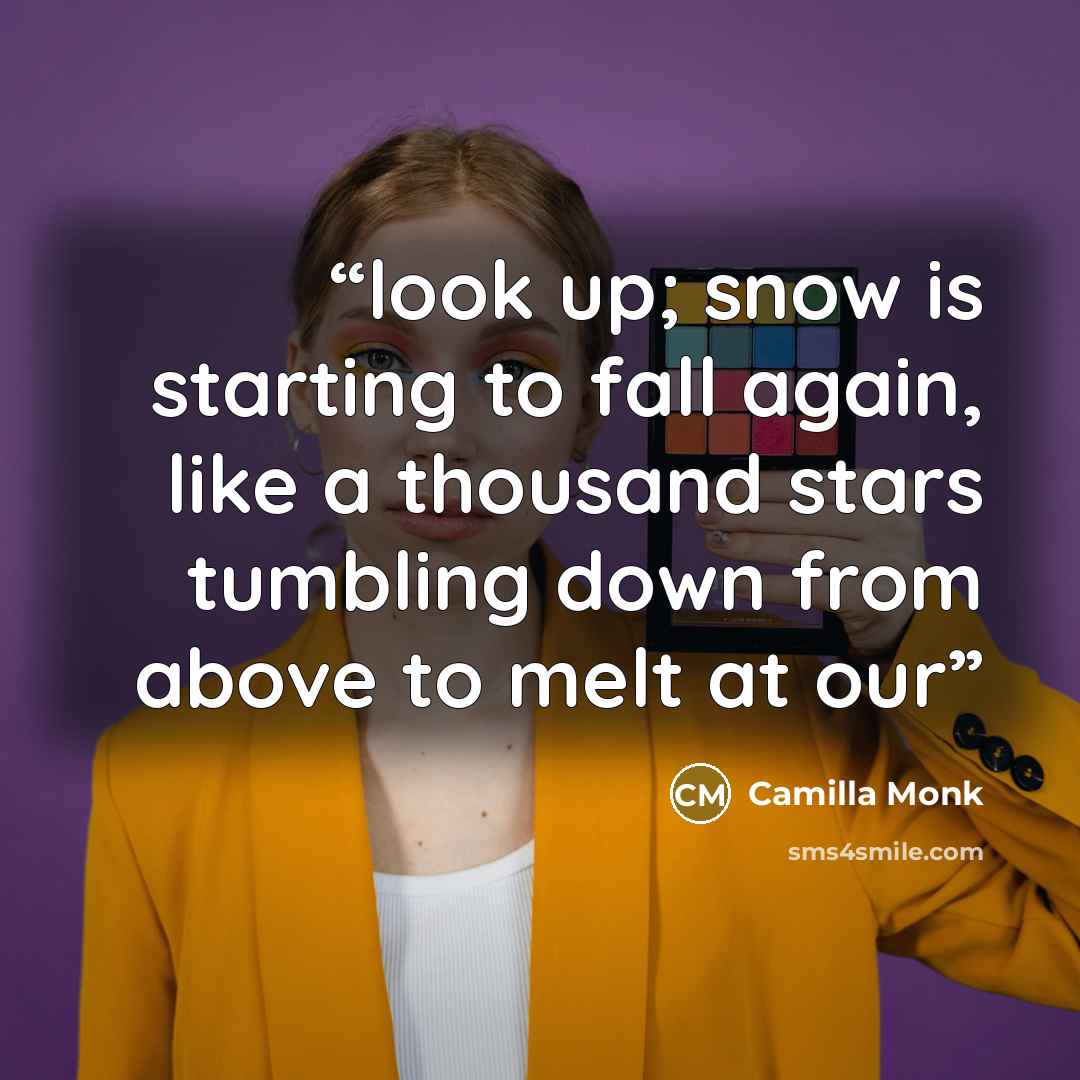 “look up; snow is starting to fall again, like a thousand stars tumbling down from above to melt at our” quote by Camilla Monk