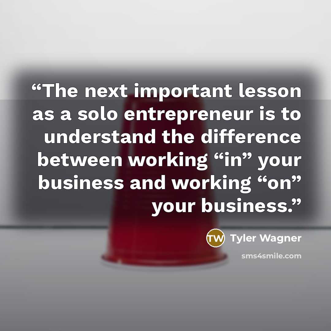 “The next important lesson as a solo entrepreneur is to understand the difference between working “in” your business and working “on” your business.” quote by Tyler Wagner