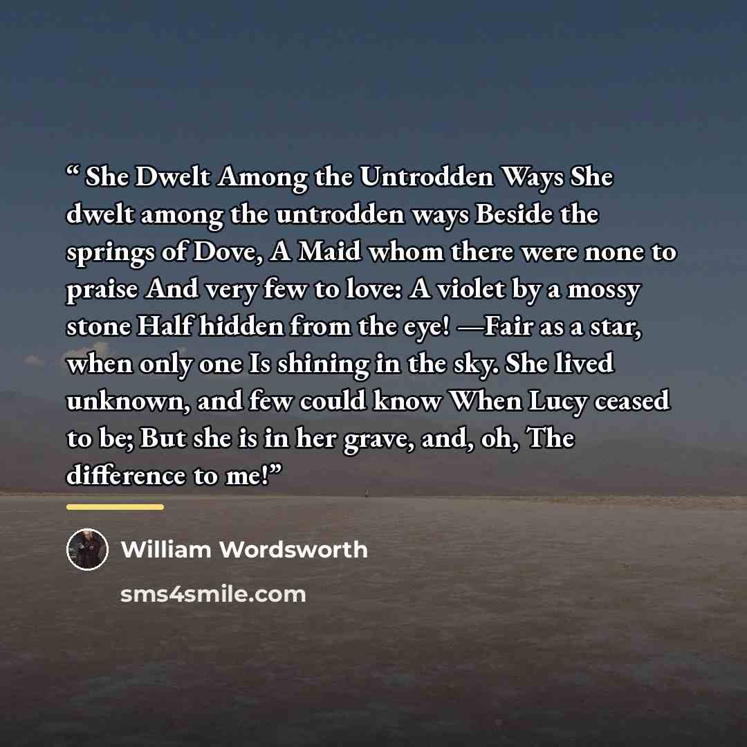 “She Dwelt Among the Untrodden Ways She dwelt among the untrodden ways Beside the springs of Dove, A Maid whom there were none to praise And very few to love: A violet by a mossy stone Half hidden from the eye! —Fair as a star, when only one Is shining in the sky. She lived unknown, and few could…” quote by William Wordsworth