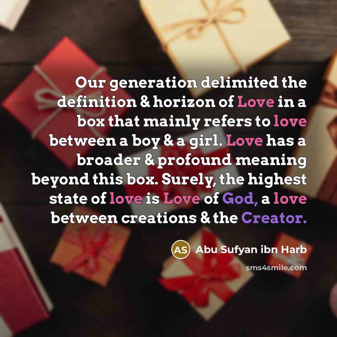 “Our generation delimited the definition & horizon of Love in a box that mainly refers to love between a boy & a girl. Love has a broader & profound meaning beyond this box. Surely, the highest state of love is Love of God, a love between creations & the Creator.” quote by Abu Sufyan ibn Harb