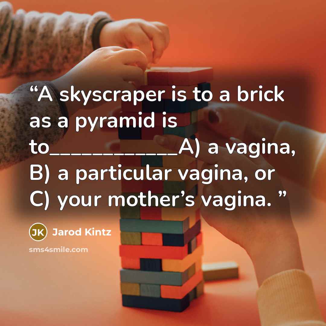 “A skyscraper is to a brick as a pyramid is to____________A) a vagina, B) a particular vagina, or C) your mother’s vagina.” quote by Jarod Kintz