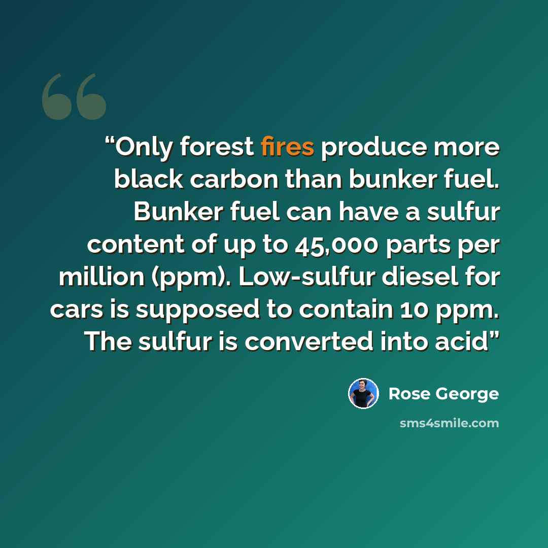 “Only forest fires produce more black carbon than bunker fuel. Bunker fuel can have a sulfur content of up to 45,000 parts per million (ppm). Low-sulfur diesel for cars is supposed to contain 10 ppm. The sulfur is converted into acid” quote by Rose George