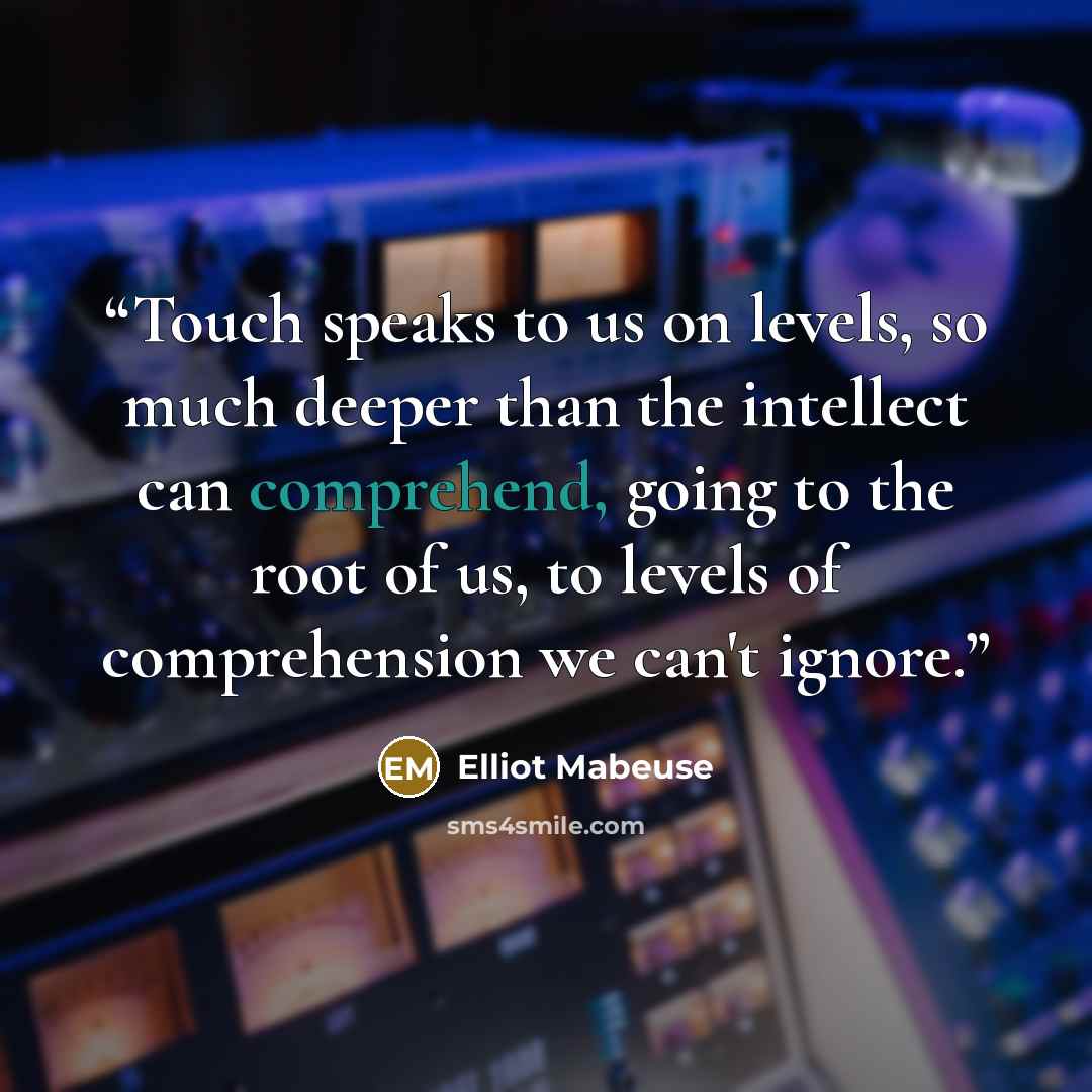 “Touch speaks to us on levels, so much deeper than the intellect can comprehend, going to the root of us, to levels of comprehension we can't ignore.” quote by Elliot Mabeuse