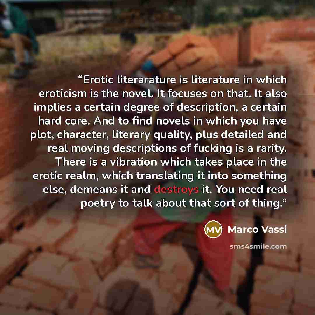 “Erotic literarature is literature in which eroticism is the novel. It focuses on that. It also implies a certain degree of description, a certain hard core. And to find novels in which you have plot, character, literary quality, plus detailed and real moving descriptions of fucking is a rarity…” quote by Marco Vassi
