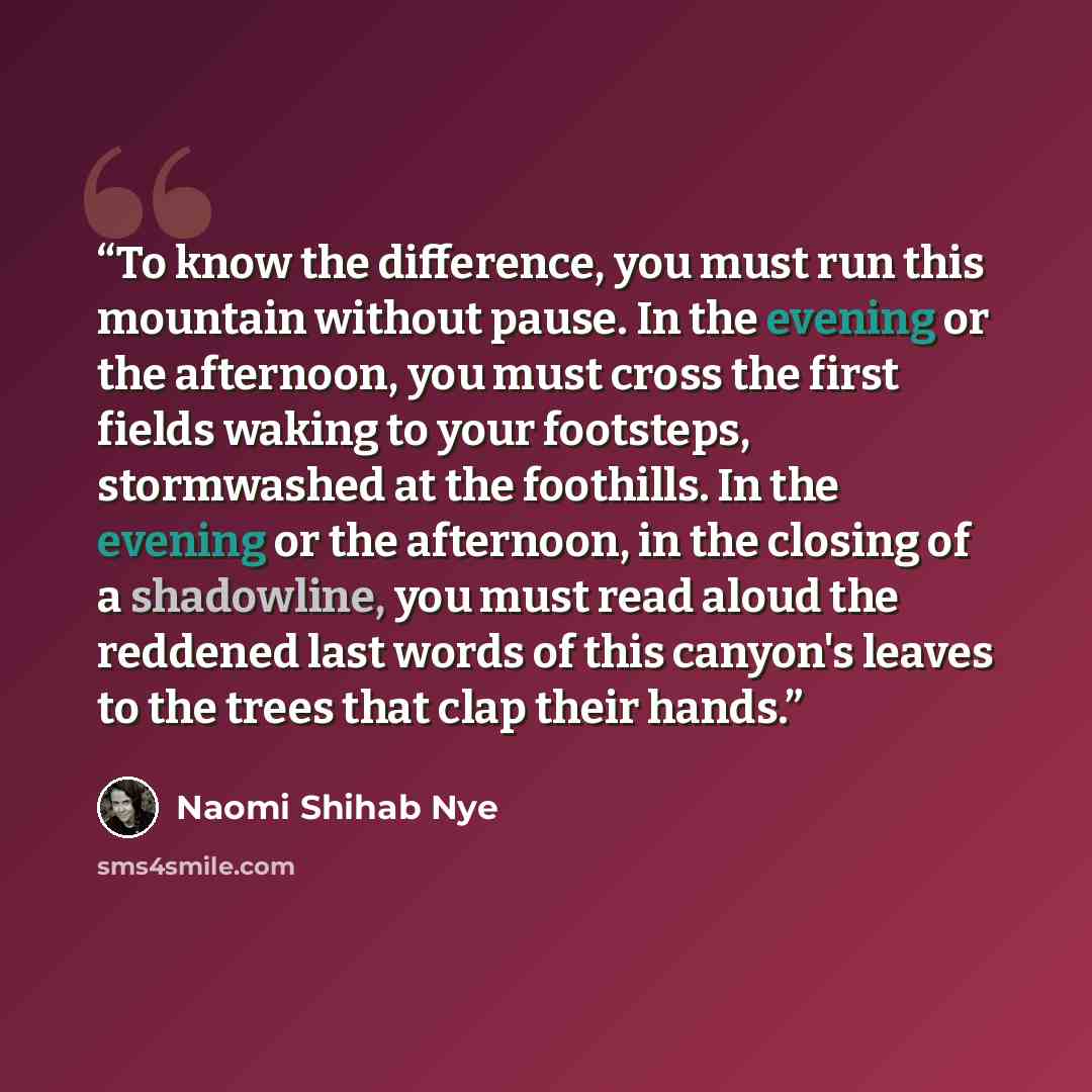 “To know the difference, you must run this mountain without pause. In the evening or the afternoon, you must cross the first fields waking to your footsteps, stormwashed at the foothills. In the evening or the afternoon, in the closing of a shadowline, you must read aloud the reddened last words of…” quote by Naomi Shihab Nye