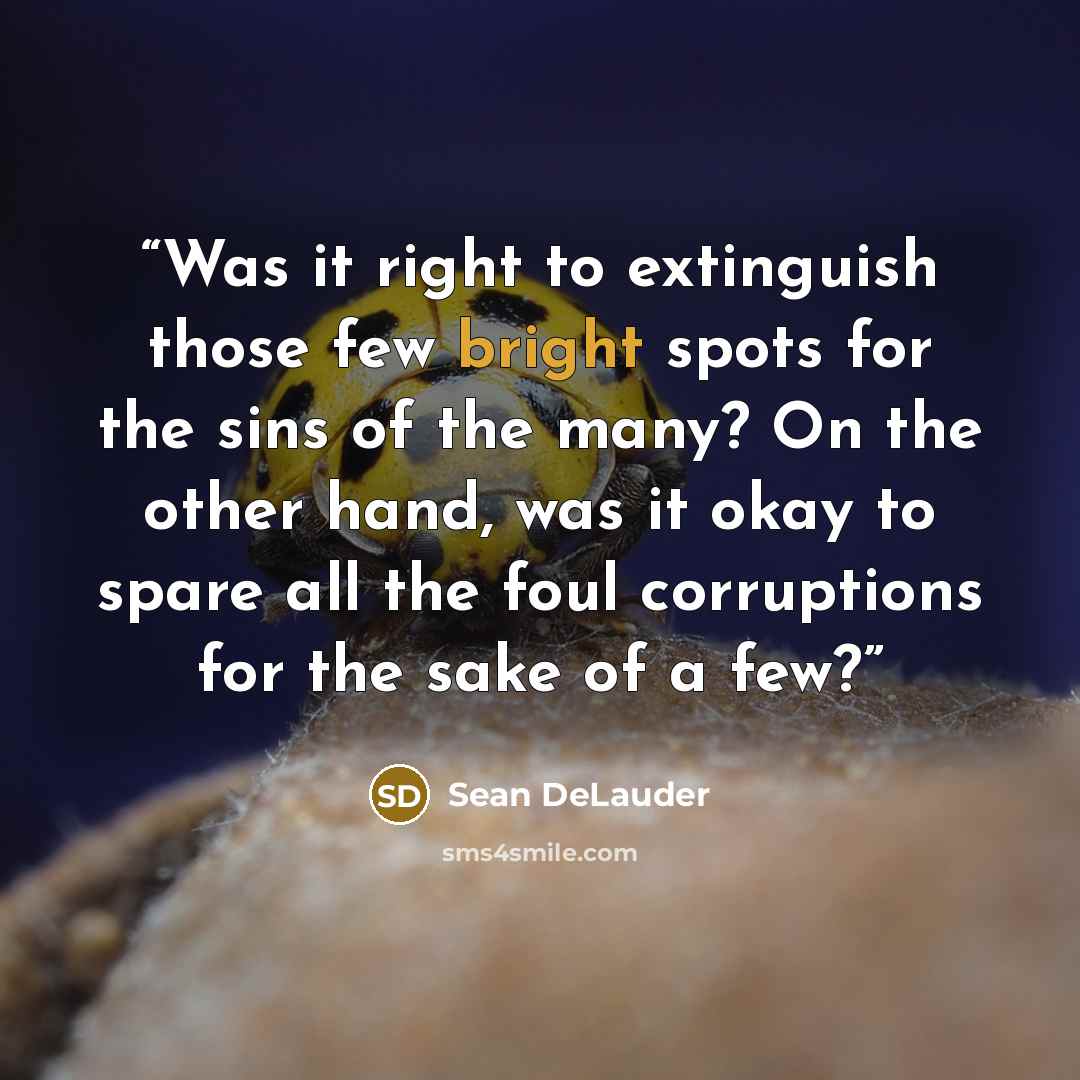 “Was it right to extinguish those few bright spots for the sins of the many? On the other hand, was it okay to spare all the foul corruptions for the sake of a few?” quote by Sean DeLauder
