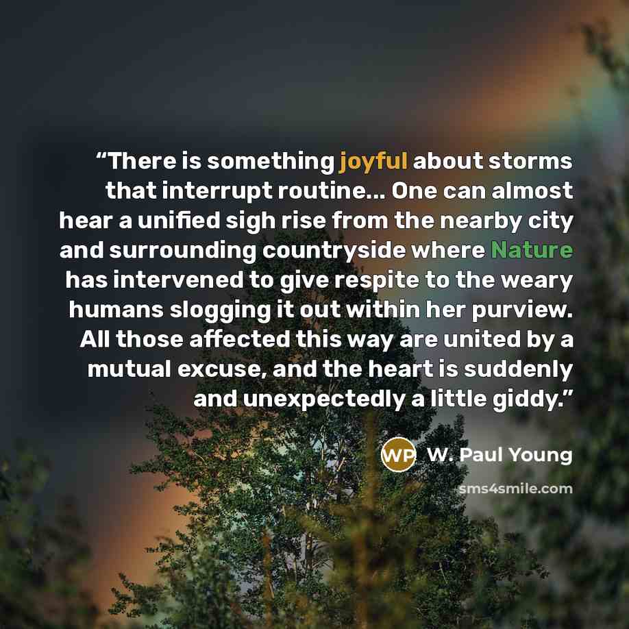 “There is something joyful about storms that interrupt routine... One can almost hear a unified sigh rise from the nearby city and surrounding countryside where Nature has intervened to give respite to the weary humans slogging it out within her purview. All those affected this way are united by a…” quote by W. Paul Young
