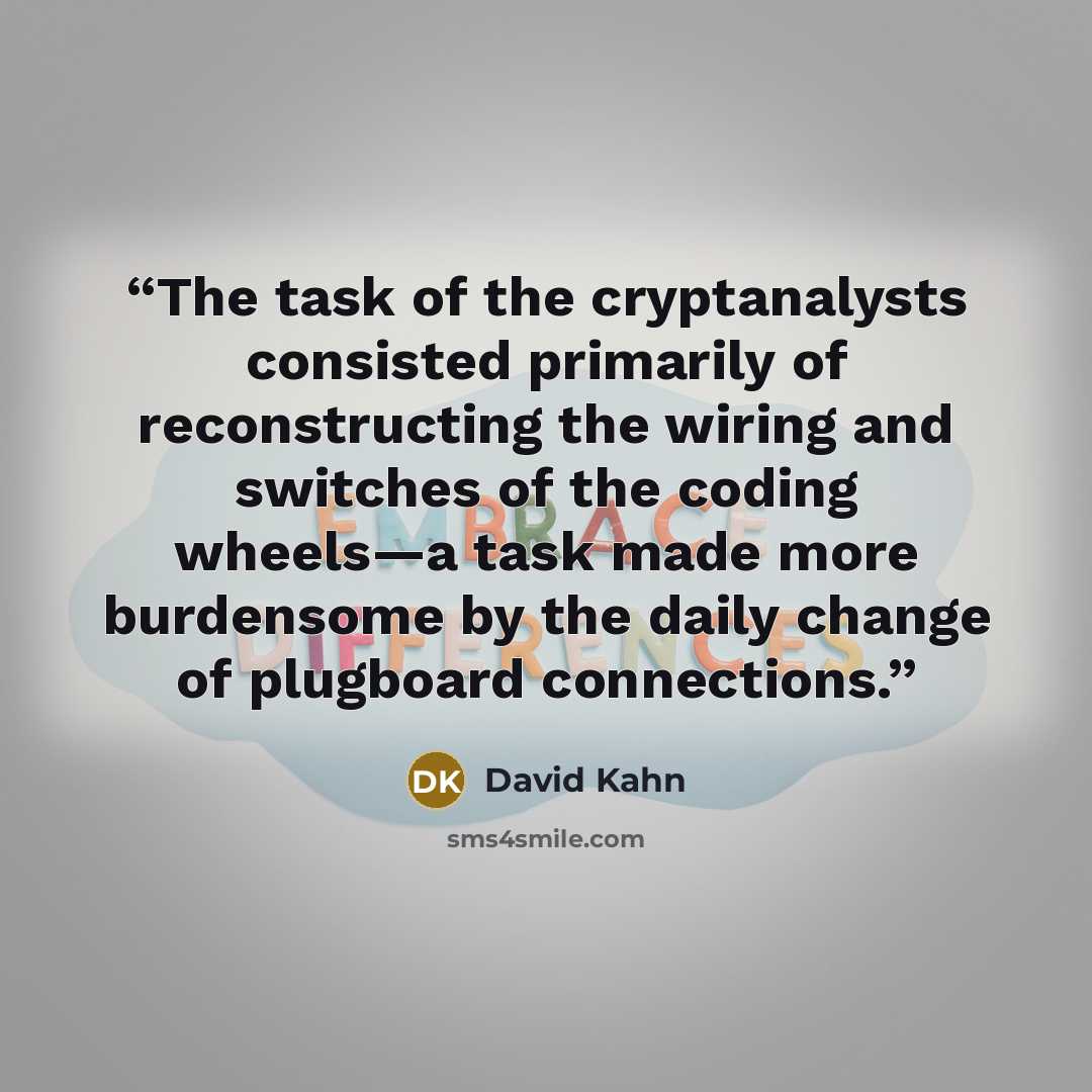 “The task of the cryptanalysts consisted primarily of reconstructing the wiring and switches of the coding wheels—a task made more burdensome by the daily change of plugboard connections.” quote by David Kahn