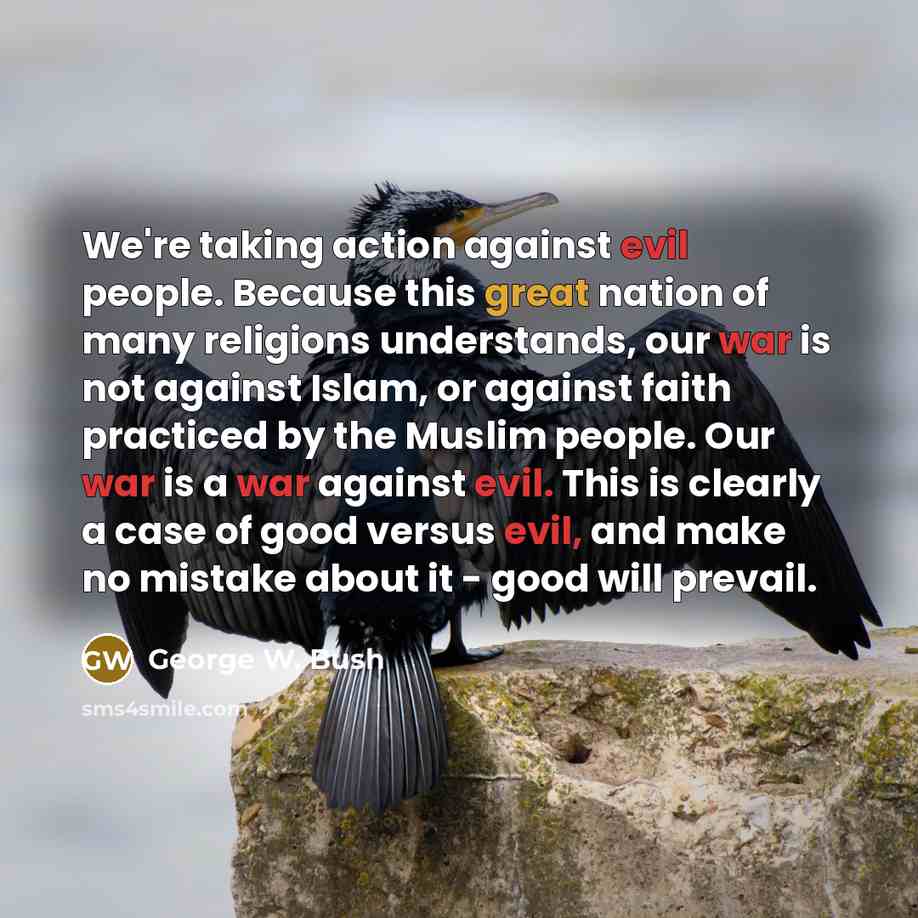 “We're taking action against evil people. Because this great nation of many religions understands, our war is not against Islam, or against faith practiced by the Muslim people. Our war is a war against evil. This is clearly a case of good versus evil, and make no mistake about it - good will…” quote by George W. Bush