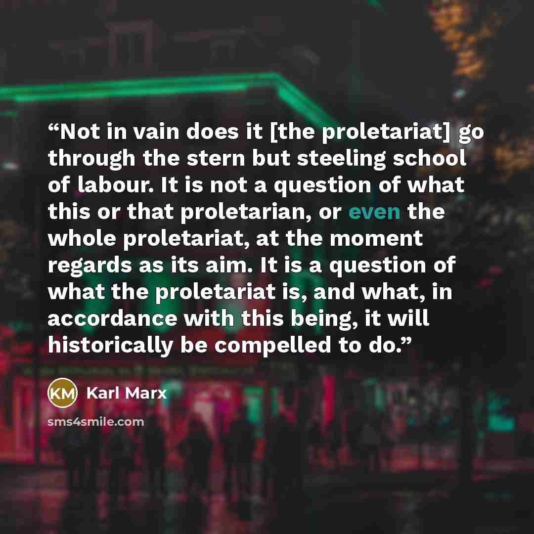 “Not in vain does it [the proletariat] go through the stern but steeling school of labour. It is not a question of what this or that proletarian, or even the whole proletariat, at the moment regards as its aim. It is a question of what the proletariat is, and what, in accordance with this being, it…” quote by Karl Marx