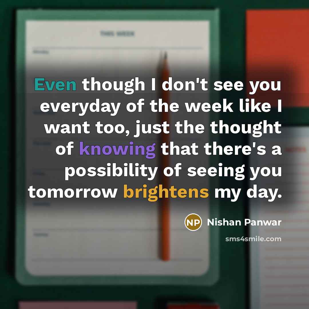 “Even though I don't see you everyday of the week like I want too, just the thought of knowing that there's a possibility of seeing you tomorrow brightens my day.” quote by Nishan Panwar