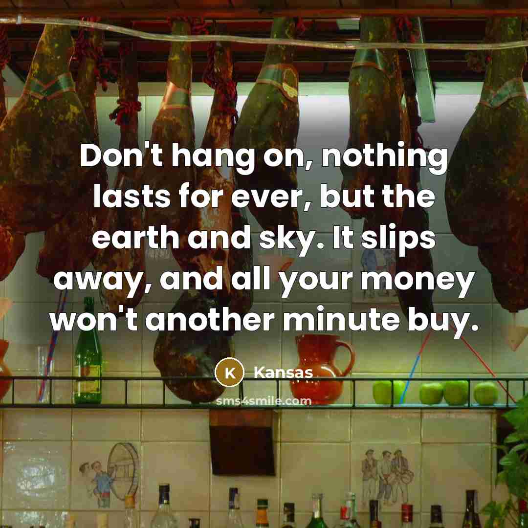 “Don't hang on, nothing lasts for ever, but the earth and sky. It slips away, and all your money won't another minute buy.” quote by Kansas