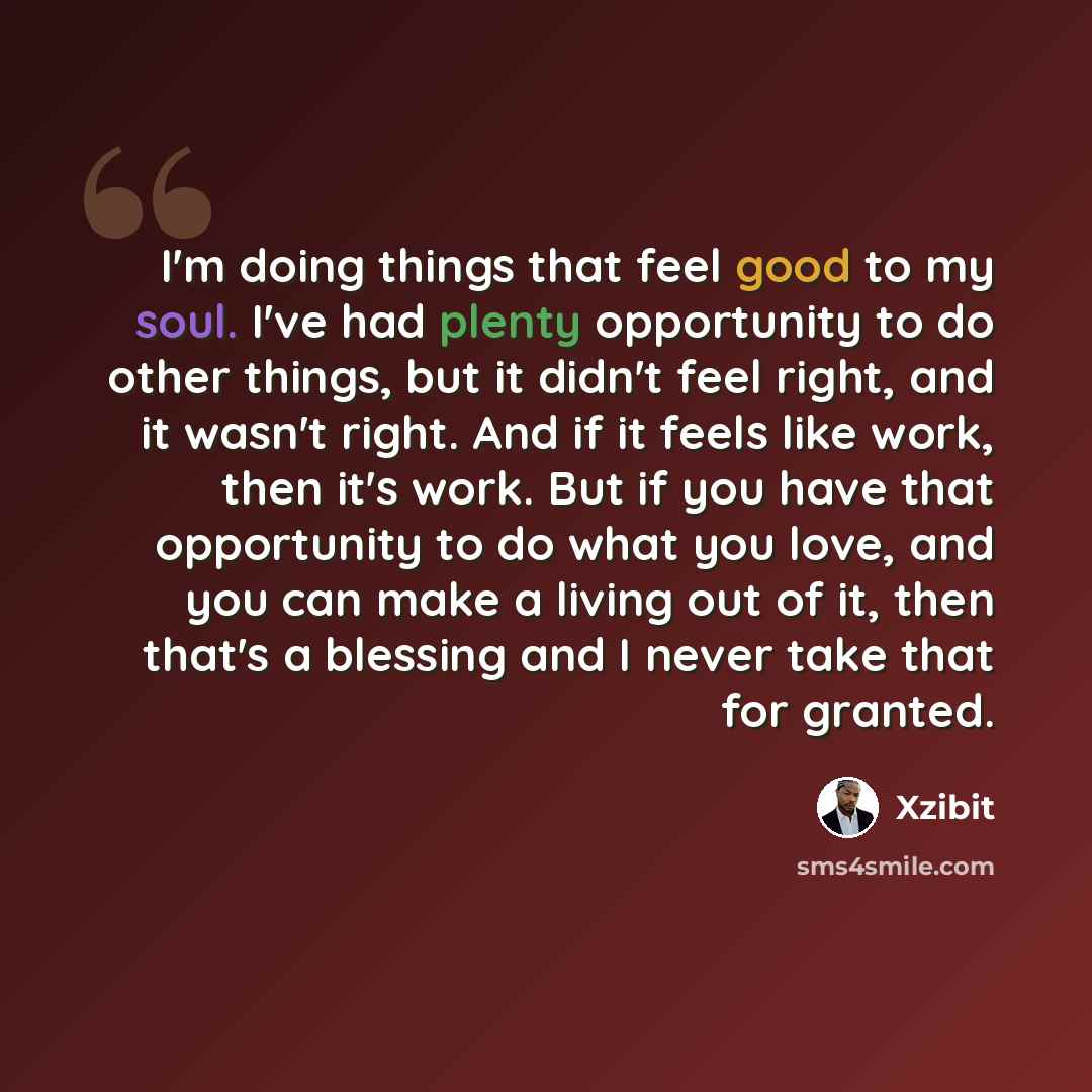 “I'm doing things that feel good to my soul. I've had plenty opportunity to do other things, but it didn't feel right, and it wasn't right. And if it feels like work, then it's work. But if you have that opportunity to do what you love, and you can make a living out of it, then that's a blessing…” quote by Xzibit