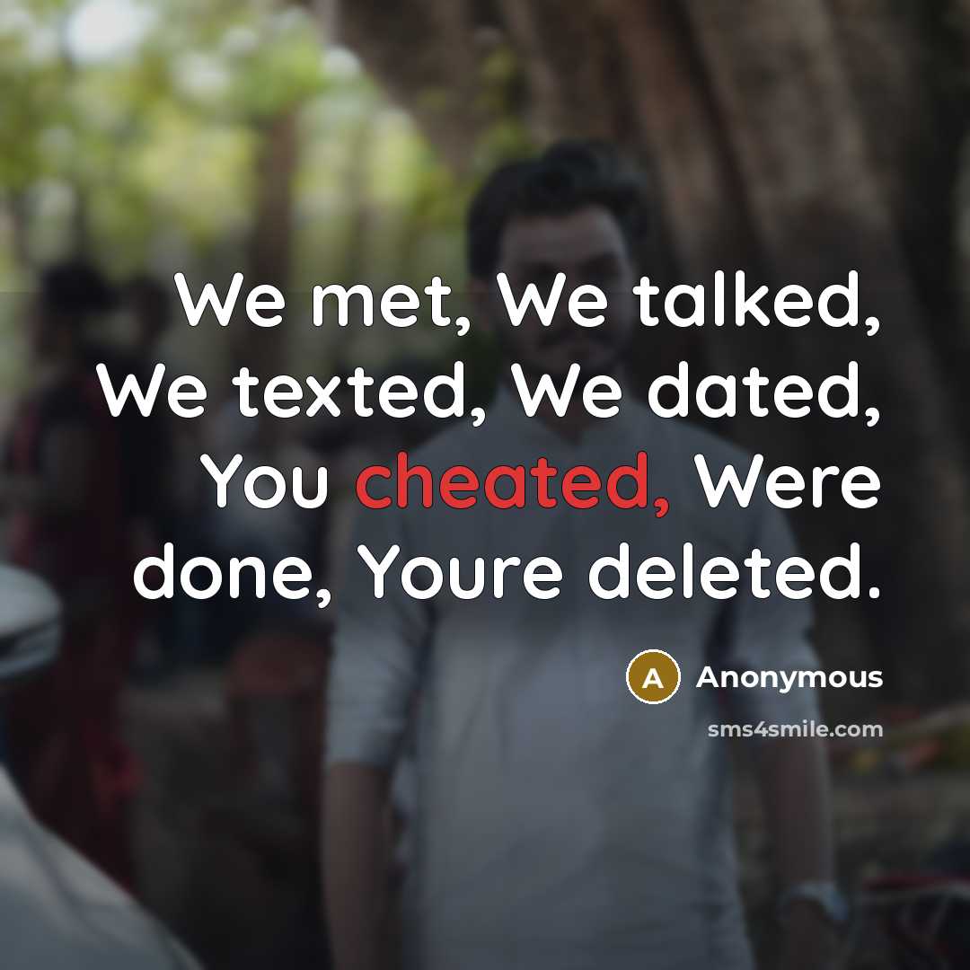 “We met, We talked, We texted, We dated, You cheated, Were done, Youre deleted.” quote by Anonymous