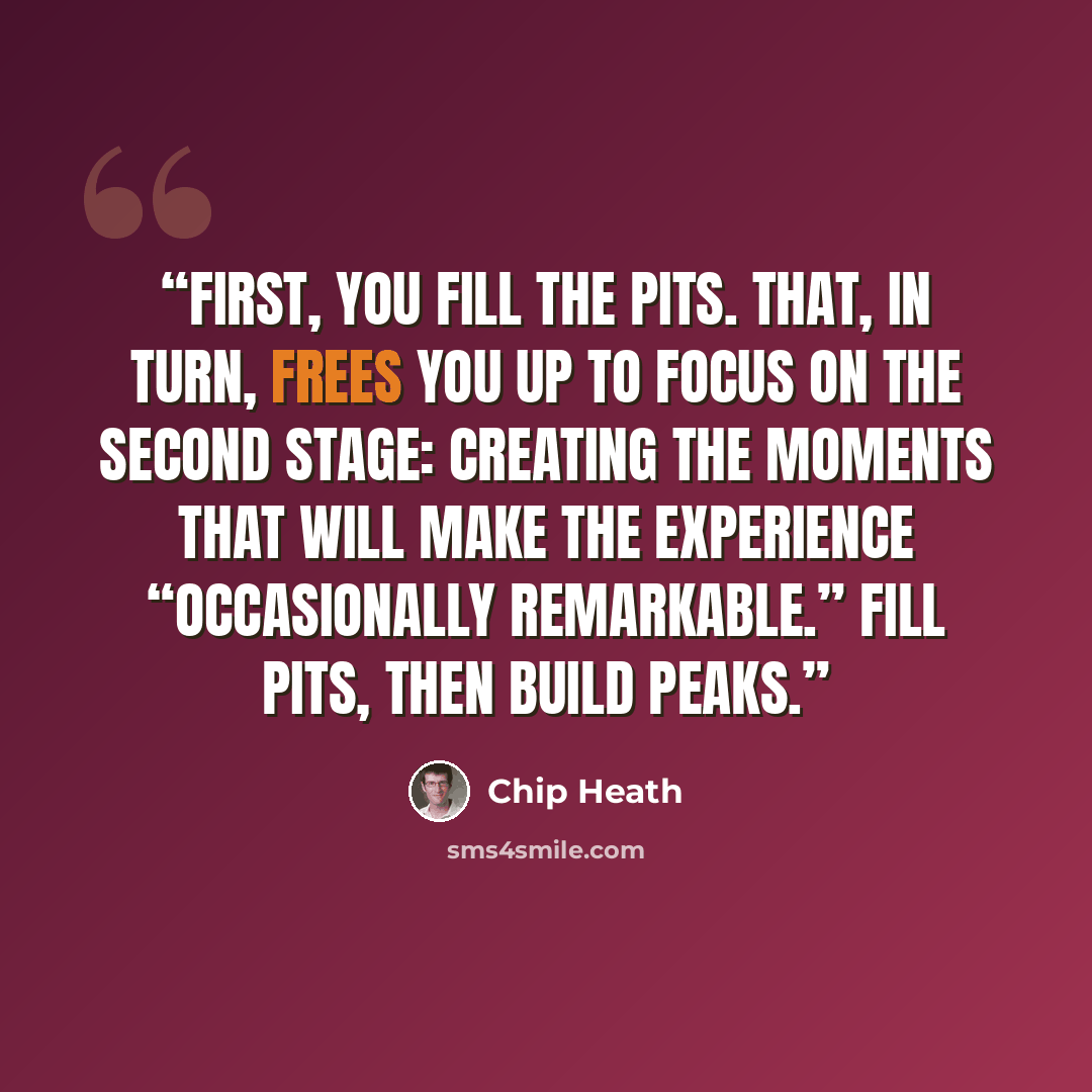 “First, you fill the pits. That, in turn, frees you up to focus on the second stage: creating the moments that will make the experience “occasionally remarkable.” Fill pits, then build peaks.” quote by Chip Heath
