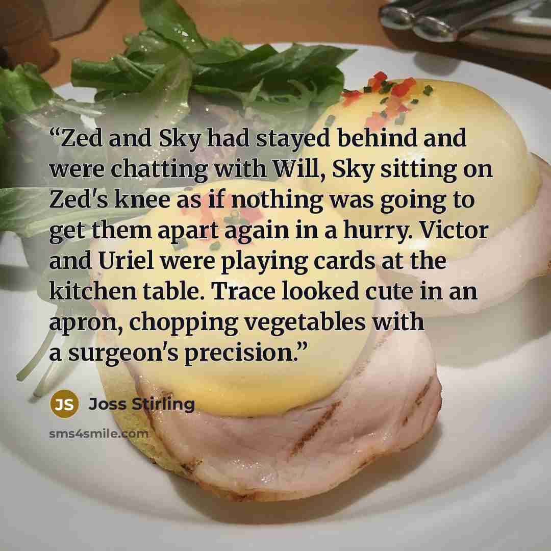 “Zed and Sky had stayed behind and were chatting with Will, Sky sitting on Zed's knee as if nothing was going to get them apart again in a hurry. Victor and Uriel were playing cards at the kitchen table. Trace looked cute in an apron, chopping vegetables with a surgeon's precision.” quote by Joss Stirling