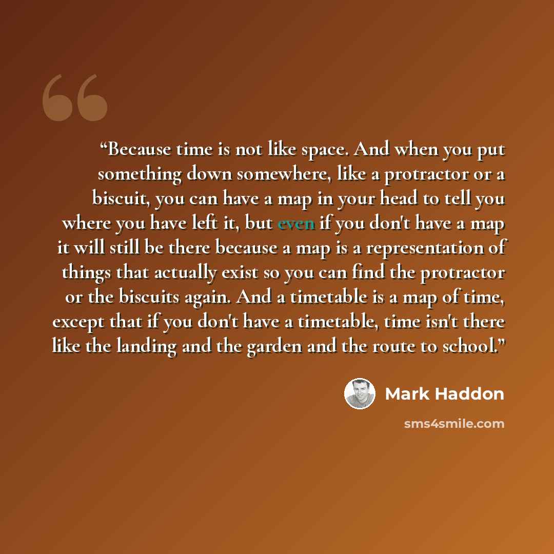 “Because time is not like space. And when you put something down somewhere, like a protractor or a biscuit, you can have a map in your head to tell you where you have left it, but even if you don't have a map it will still be there because a map is a representation of things that actually exist so…” quote by Mark Haddon