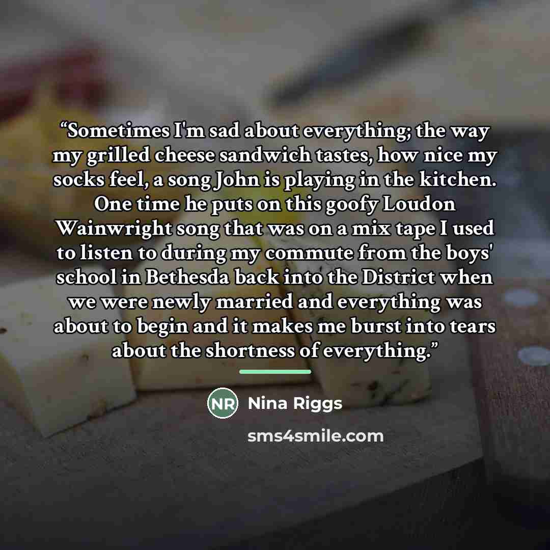 “Sometimes I'm sad about everything; the way my grilled cheese sandwich tastes, how nice my socks feel, a song John is playing in the kitchen. One time he puts on this goofy Loudon Wainwright song that was on a mix tape I used to listen to during my commute from the boys' school in Bethesda back…” quote by Nina Riggs
