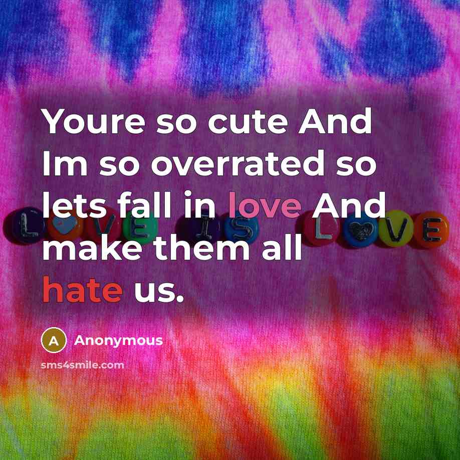 “Youre so cute And Im so overrated so lets fall in love And make them all hate us.” quote by Anonymous